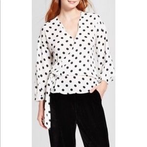 Black and white Polka dot chiffon wrap blouse